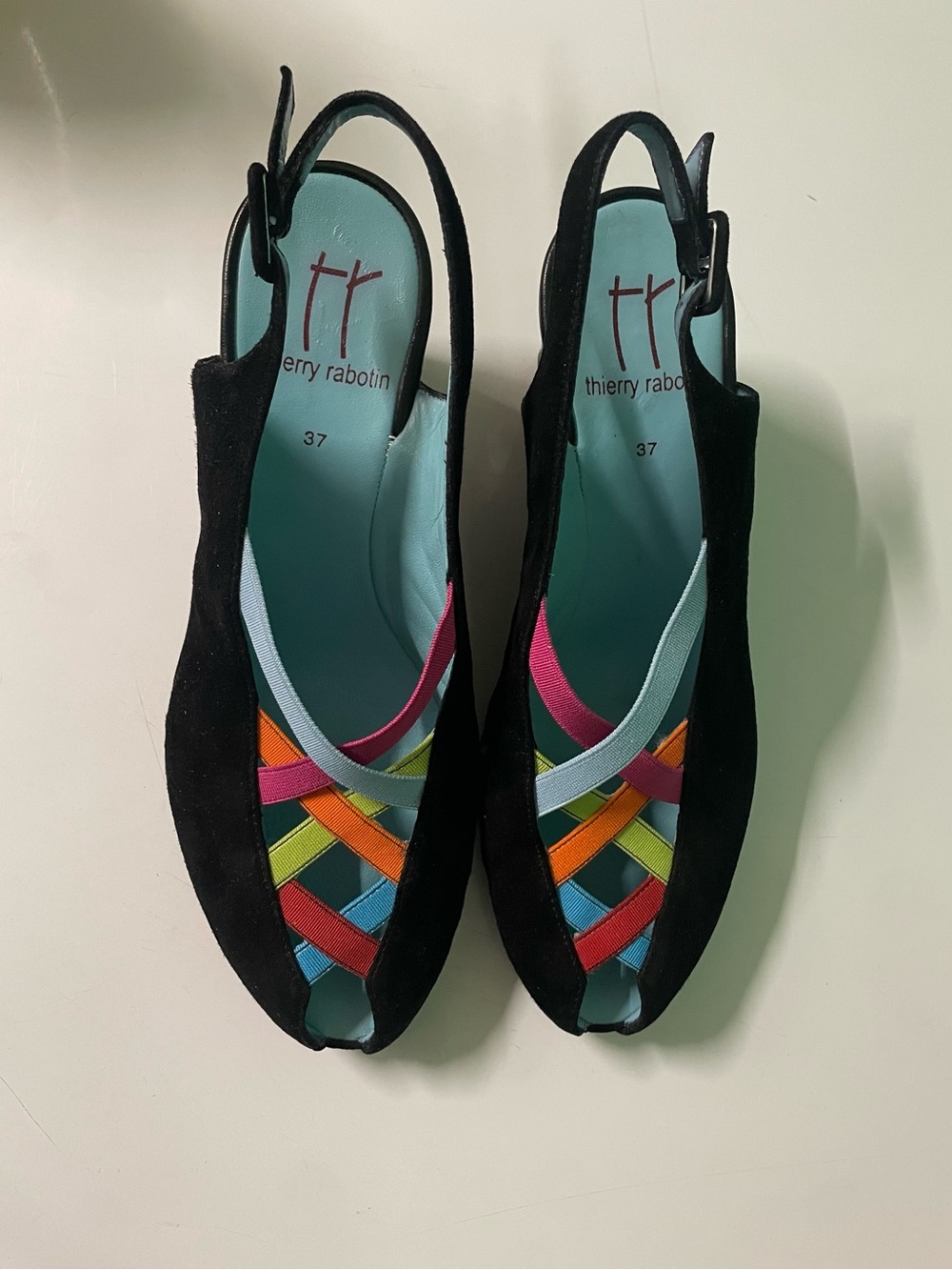 Thierry Rabotin Black Suede Slingback Sandals with Multicolor Woven Straps